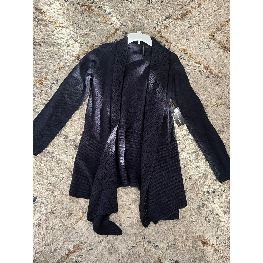 Allie & Rob Navy Blue Cardigan Women Size S NWT Long Drapey High Low Sweater